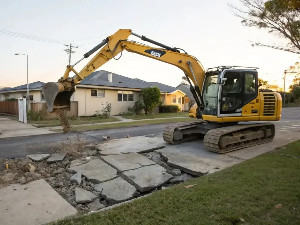 Excavator tearing down an older house during a residential demolition project