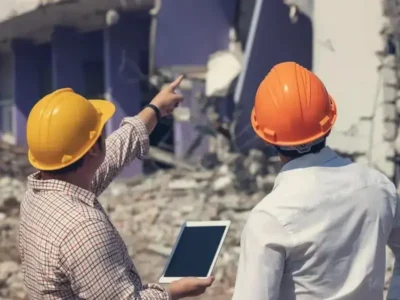 Inspectors reviewing a demolition site with a tablet after a structure was removed